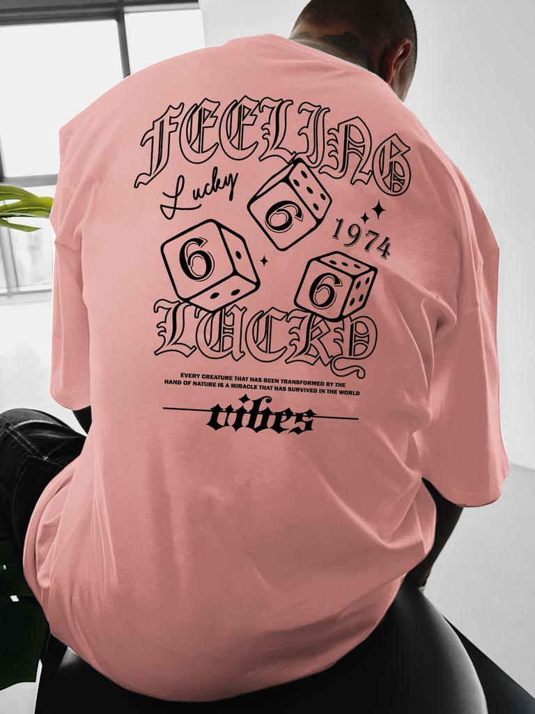 Summer Men's "Feeling Lucky" Graphic Tee Casual T-Shirt with Dice Print Loose Breathable Short Sleeve Round Neck Relaxed Fit Top