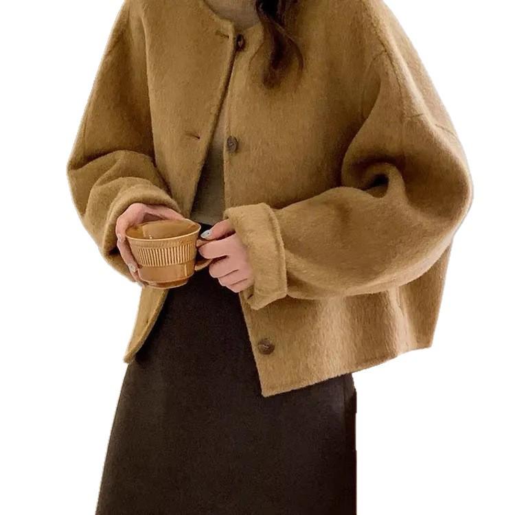 Women's 2024 Winter Korean Style Loose Woolen Overcoat - Round Neck, Short, Double-Faced, Little Fragrant Style