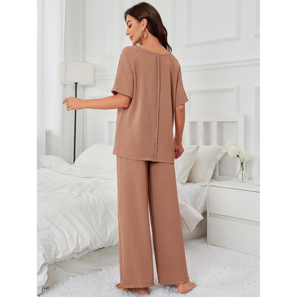 European and American loungewear set spring and autumn solid color short-sleeved pajamas pajamas two-piece nightwear
