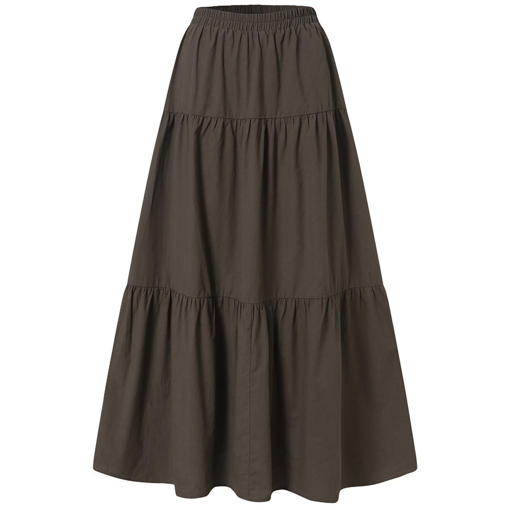 Women's Casual Long Skirts Solid Color Pleated Big Hem Elastic Waist Loose Fit Skirts, Simple Style Bottoms