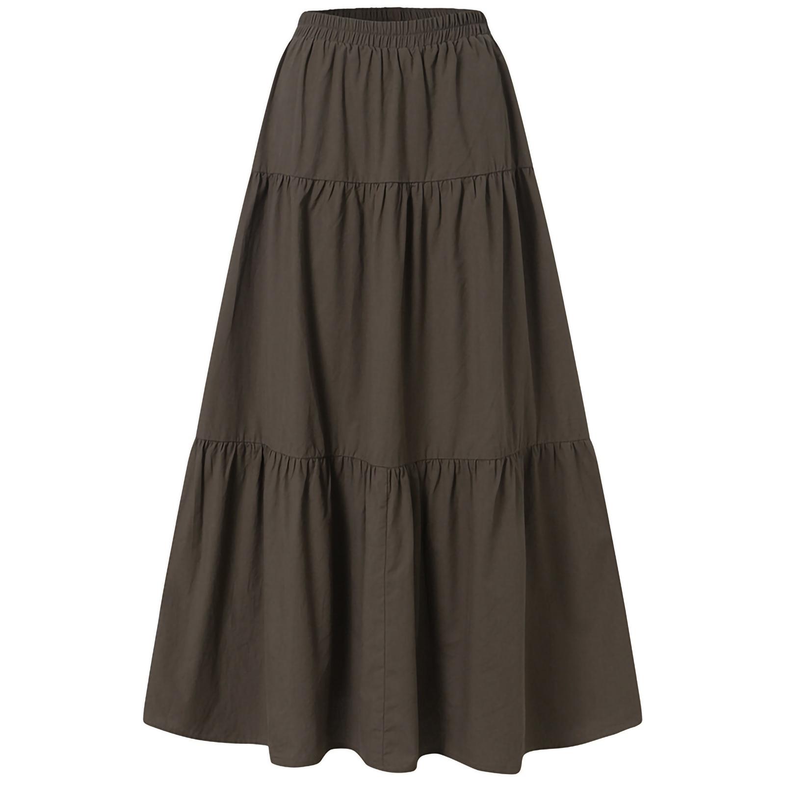 

Women´s Casual Long Skirts, Solid Color Pleated Big Hem Elastic Waist Loose Fit Skirts, Simple Style Bottoms S коричневый