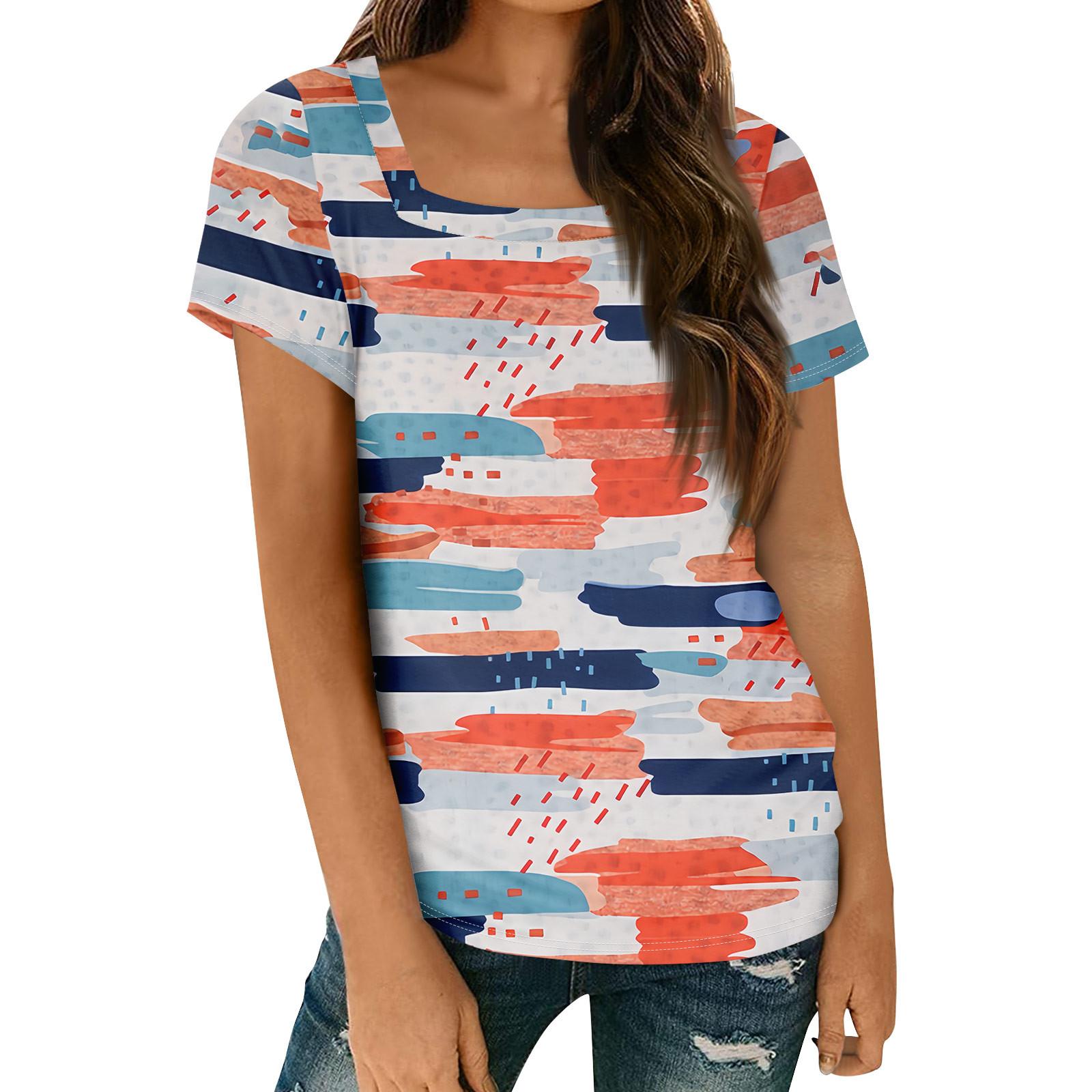 

Женские топы, весенне-летняя повседневная футболка с коротким рукавом и квадратным вырезом, базовая футболка с принтом XL