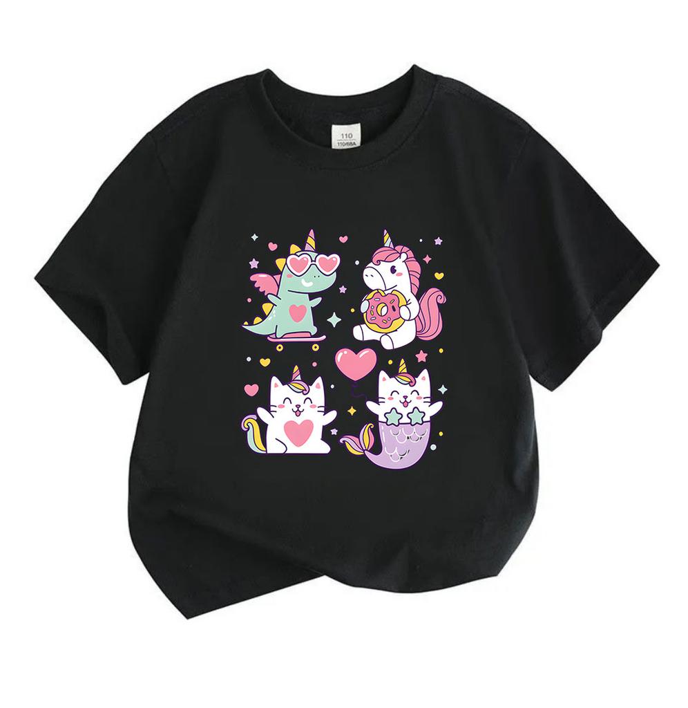 Kids Boys Girls 100% Cotton Crew Neck Short Sleeve T-Shirt, Cute Cartoon Dinosaur Unicorn Cat Mermaid Print Casual Soft Tee for Children Daily Wear