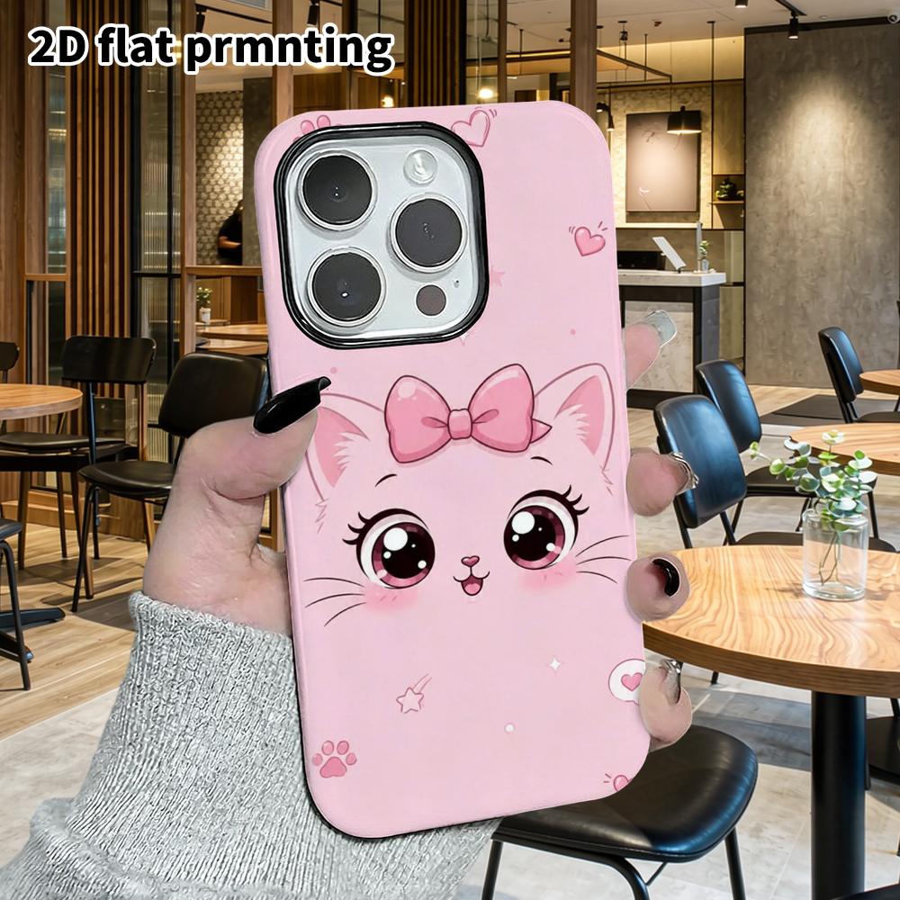 Phone Case: 2D Flat Design Suitable for iPhone 18 17 16 15 14 13Pro Film Protective Case, Couple Style, Pink Bow Kitten, Christmas and Halloween Gift