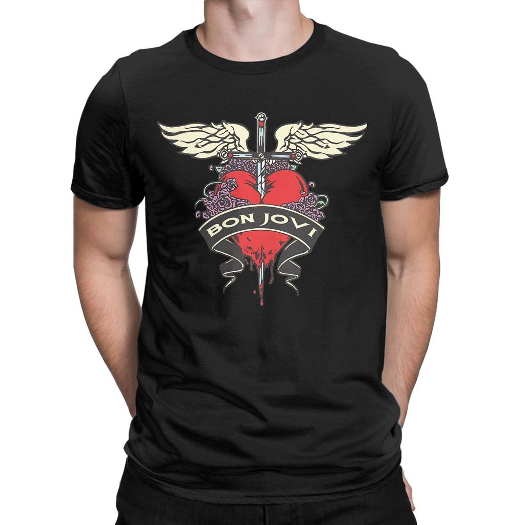 Bon Jovi Retro Heart & Wings Classic Funny Graphic 100% Cotton T-Shirt Tees Tops For Men
