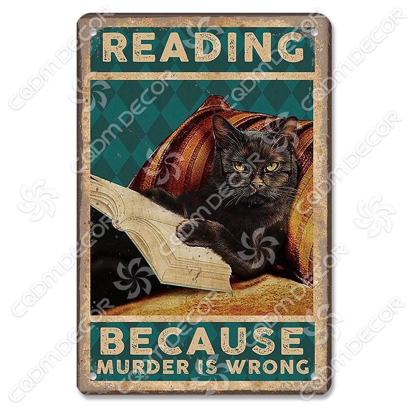 Black Cat Tin Sign Metal Plaque Read Books Drink Wine Pet Metal Poster Vintage Wall Decor for Coffee Shop Kitchen Bathroom Home