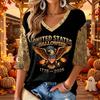 Women's V-Neck Casual Three-Quarter Sleeve Halloween Print Top