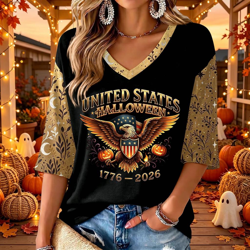 Women's V-Neck Casual Three-Quarter Sleeve Halloween Print Top