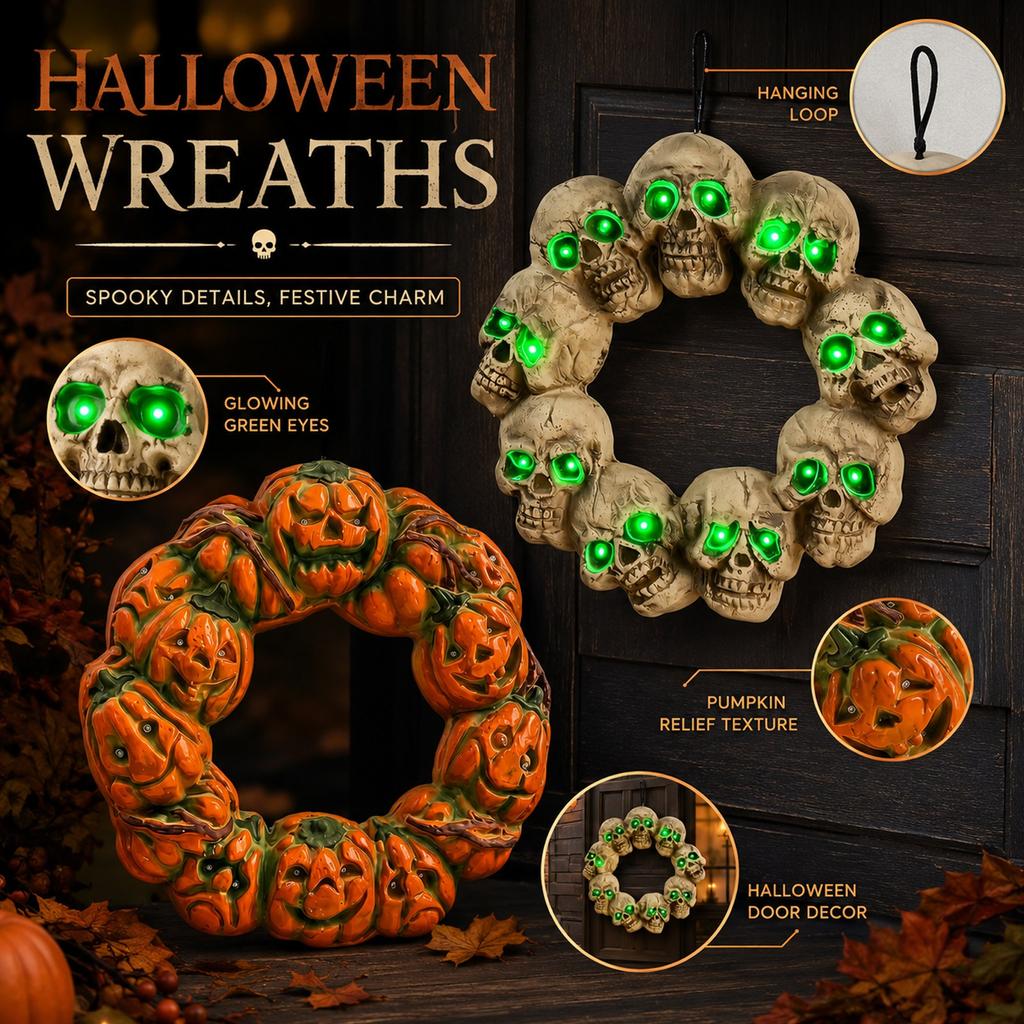 Halloween Skull Wreath Hanging Decoration with LED Light Up Eyes for Door Wall Indoor Outdoor Display Festival Party Decor