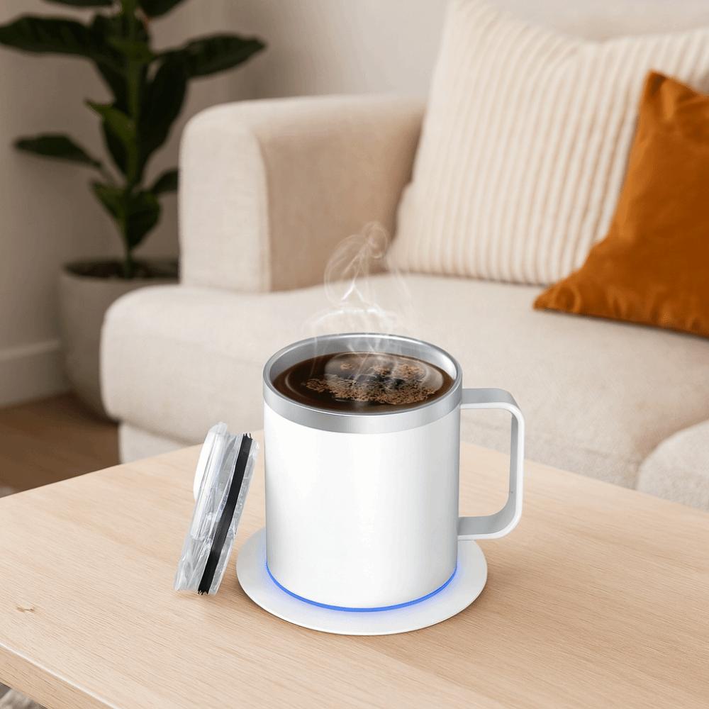 Inteligentní samohřející hrnek na kávu napájený přes USB Dvouvrstvý automaticky hřející hrnek na kávu z nerezové oceli s víčkem