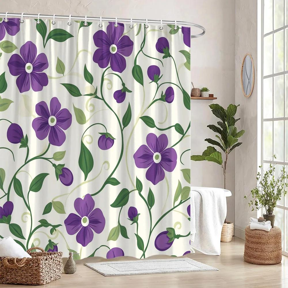Floral Shower Curtain - Purple Flowers on Cream, 12 Hooks, Durable Polyester, Machine Washable, Elegant Bath Decor