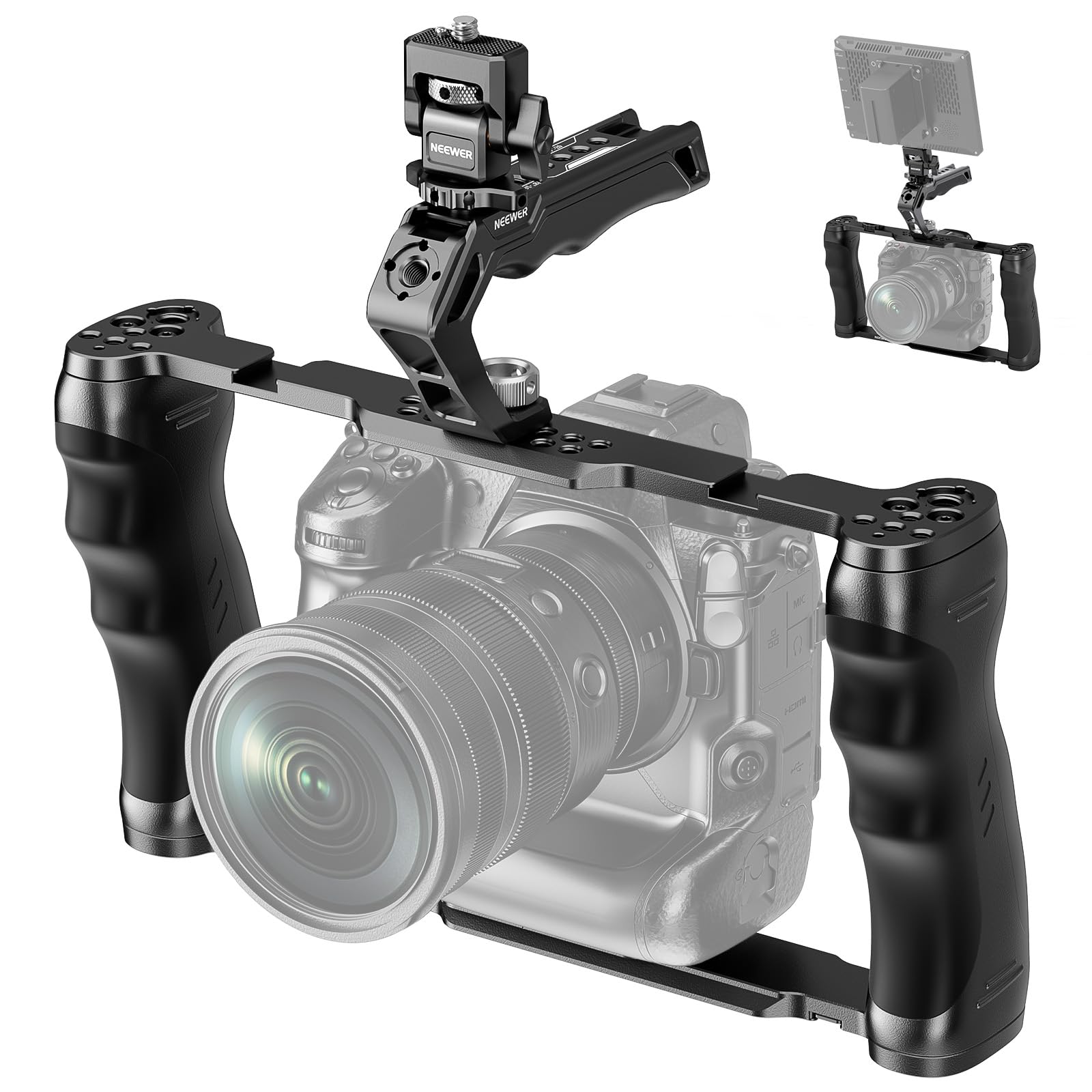 

NEEWER Universal Camera Cage with Top Handle and Cold Shoe Monitor Hand Grip and for ARRI Camera Gimbal Stabilizer Video Rig Compatible SmallRig