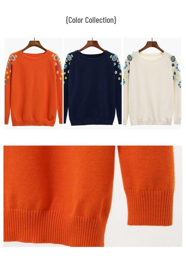 2026 Autumn Women's Korean Style Embroidered Knit Sweater - Long Sleeve, Round Neck, Thin Outerwear