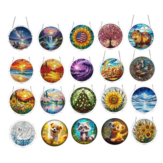 Stained Glass Suncatcher, Acrylic Puzzle Hanging Decoration, 7.48 Inch Round DIY Kit for Adults, Relaxing Craft Gift for Women Moms Puzzle Lovers