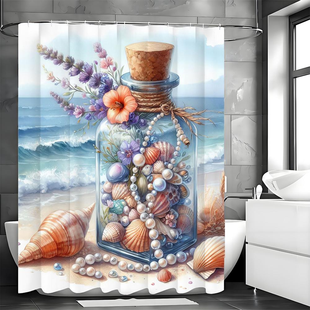 

Glass Bottle Ocean Pearl Shell Floral Shower Curtain, Bathroom Decorative Shower Curtain, Waterproof Shower Curtain with Hooks 90*180cm