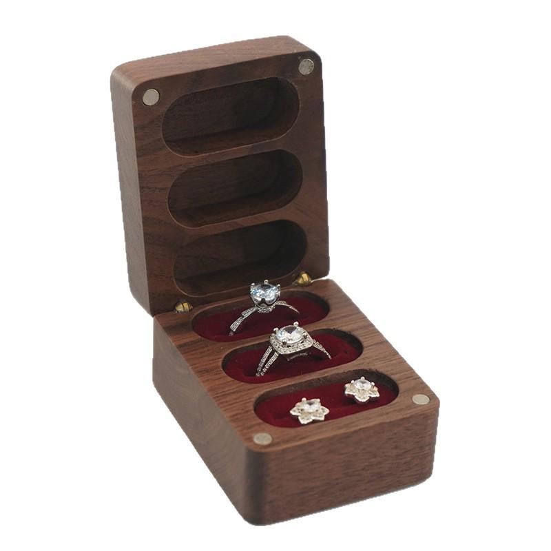 Black Walnut Wood Ring/Earring Storage Box, Three Anti-Oxidation Slots