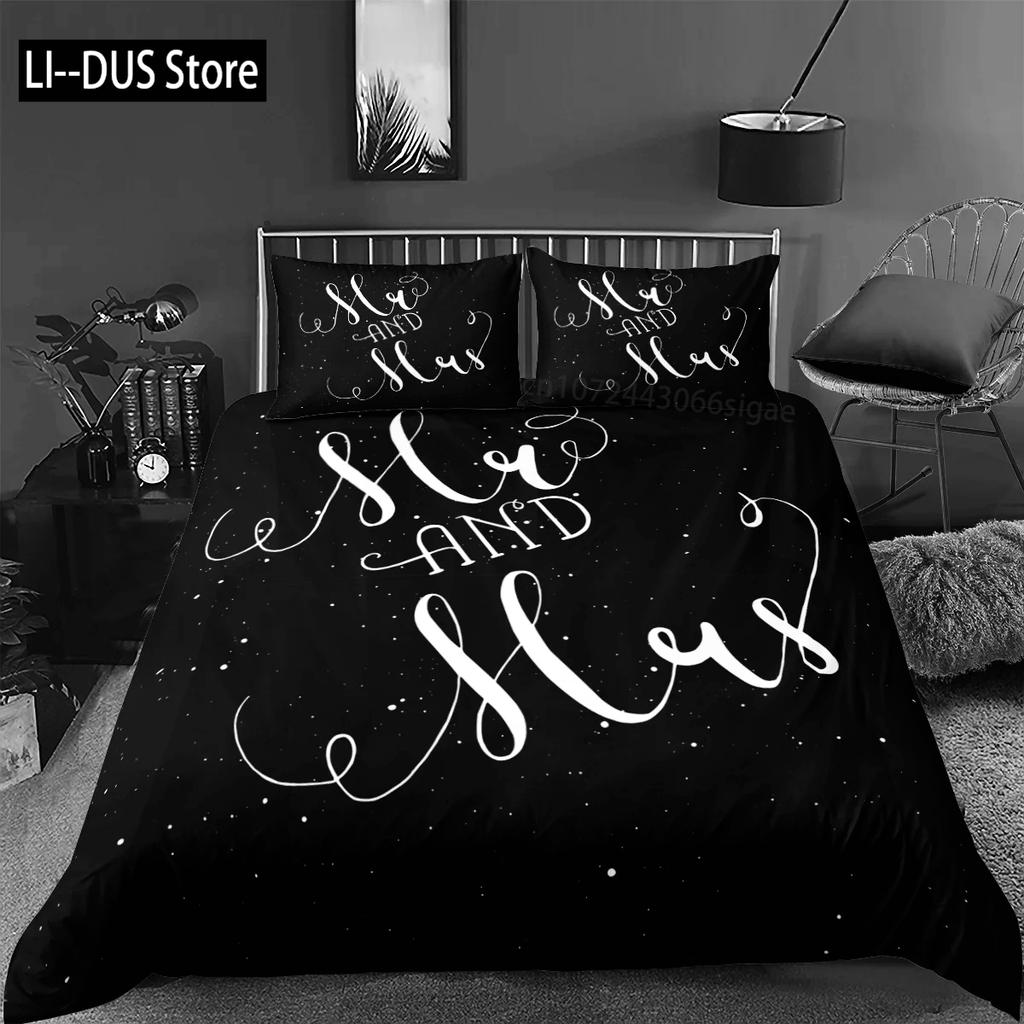 Black and White Duvet Cover Queen/King/Full Size Mr and Mrs Bedding Set 3Pieces Soft Microfiber Couple Romantic Comforter Cover