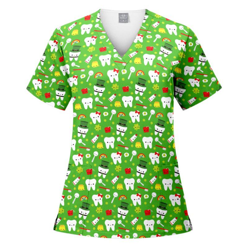 V-Neck Short Sleeve Printed Scrub Suit for Dental Clinics and Hospitals