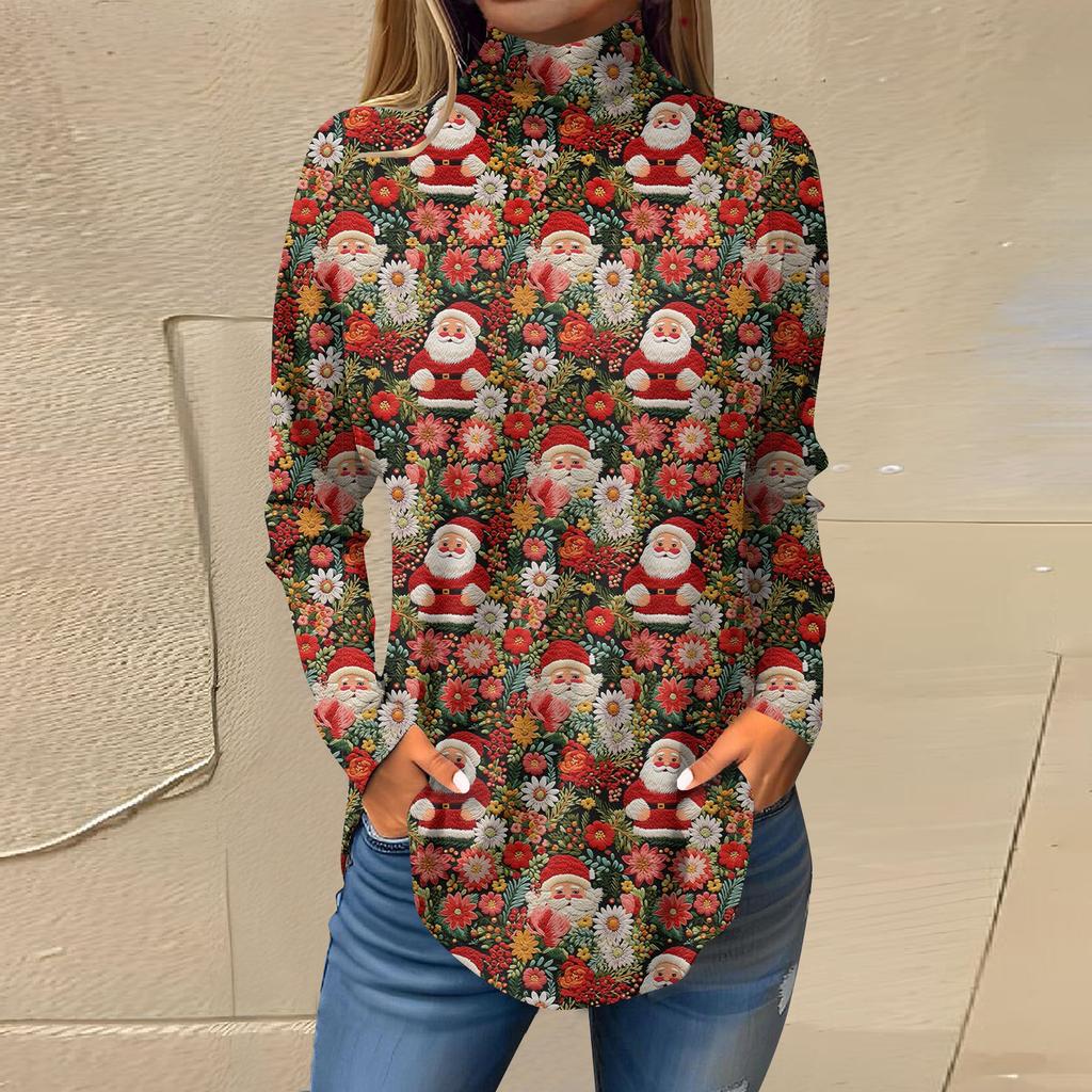 Damen Herbst Casual Langarmshirts Sweatshirt Vintage Bedrucktes High Neck Top Pullover