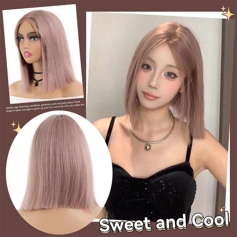 Wig Female Pink Purple One-size-fits-all Short Hair Trimmed Face Medium Eight-character Bangs Fashion Bobo Head Short Straight Wig