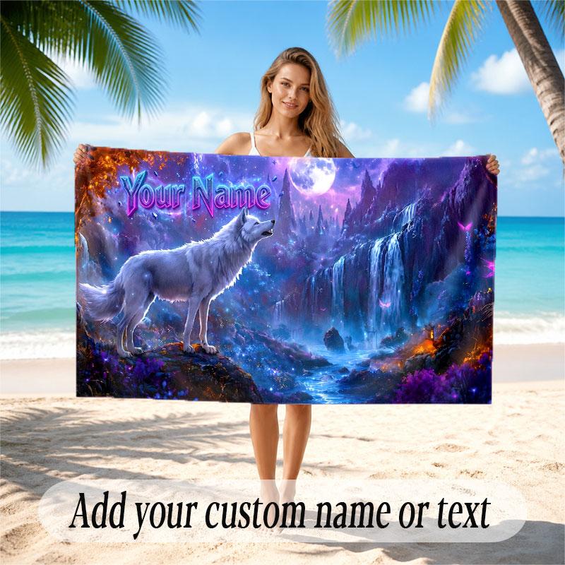 Wolf Theme Beach Towel Personalized Custom Name & Text Soft Quick Dry Beach Towel for Swimming Travel