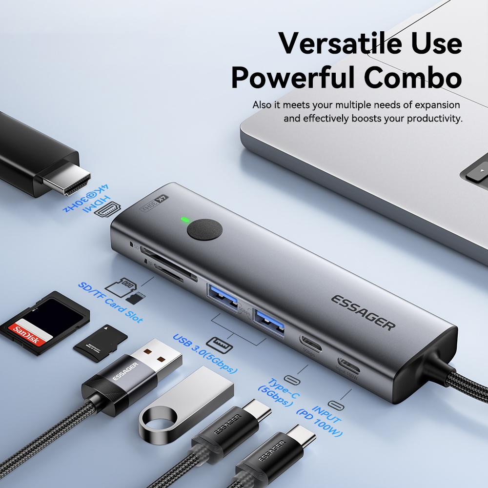 ESSAGER 7 In 1 Expansion Hub with 4K 30Hz HDMI/Type C/USB 3.0/SD TF Card Slot Docking Station