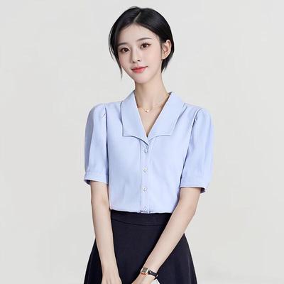 Damen Chiffon Bluse mit kurzen Ärmeln und quadratischem Ausschnitt