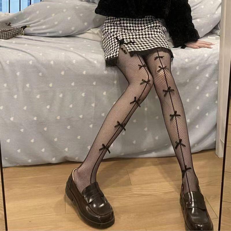 Women Sexy Lolita Bowknot Hollow Out Fishnet Pantyhose Japanese Jk Style Tights