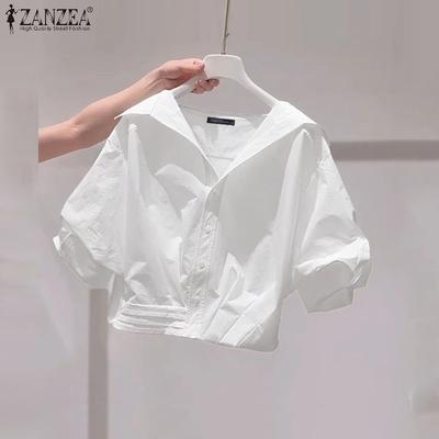 Women Lapel Collar Short Sleeve Buttons Casual Cropped Blouse
