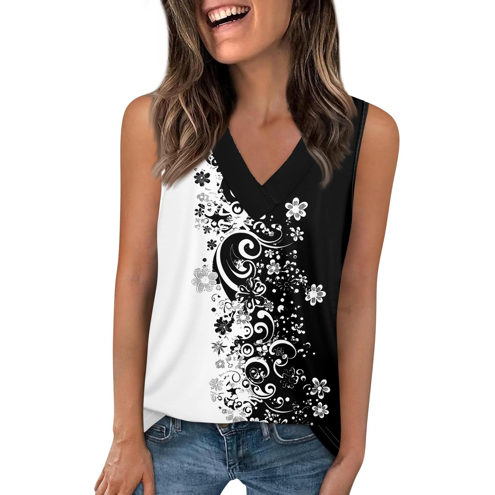 V Neck Tank Top Women Print Tank Tee Casual Loose Fit Sleeveless Shirt L
