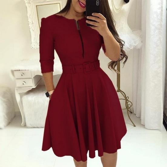Dam Vårklänning Trefjärdsärmar Enfärgad med Bälte Åtsittande Midja A-linje Klänning Uppklädd Knälång Dragkedja Dam Höstklänning Damkläder