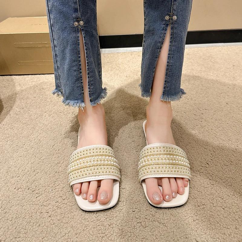 Women's Fashion Slippers Pearl Flat Sole Square Toe Shoes for Women Leisure Daily Commute French Summer 2025 Zapatillas De Mujer