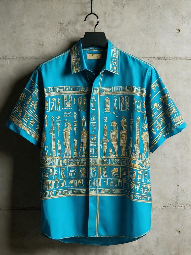 Vintage Egyptian Style Short Sleeved Floral Shirt Men's Loose Fitting Shirt Summer Lightweight Top