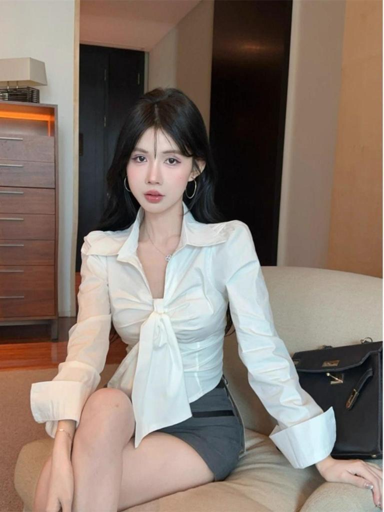 French Chic V-Neck Bow Tie Waist-Cinching Long Sleeve Top for Women