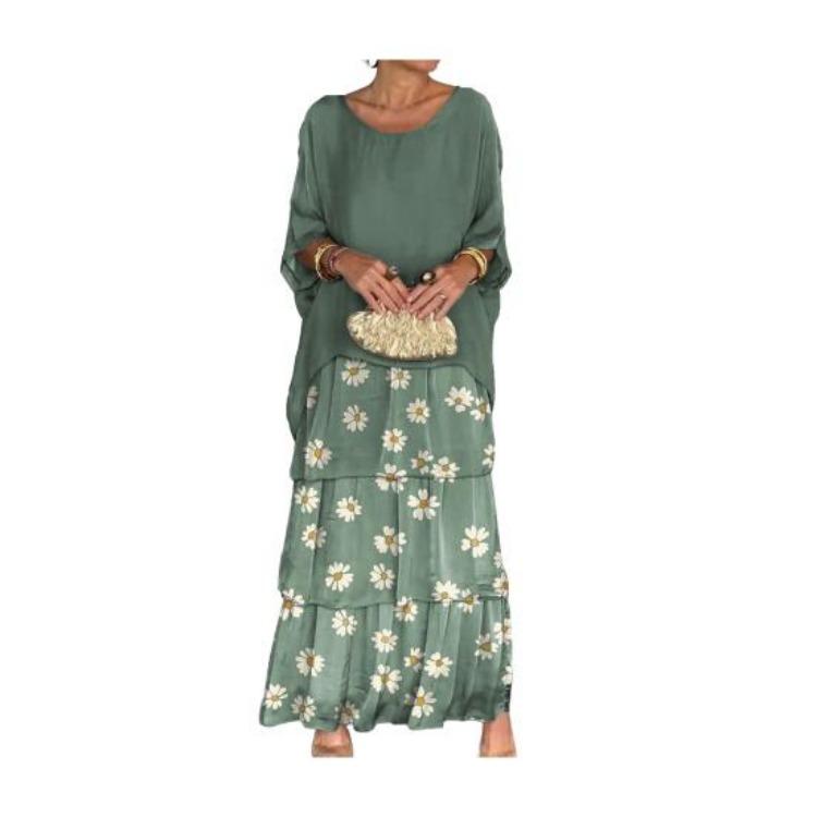 

Elegant Chiffon Maxi Dress for Party Prom Layered Scattered Hem Contrast Color Printing Half Dolman Sleeves Round Neck Evening Gown 2XL зелений