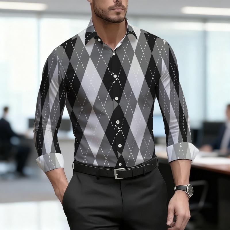 Men's Shirt with Diamond Grid Pattern, Personalized Contrasting Color Design, Versatile Street Style, Trendy Men's Clothing