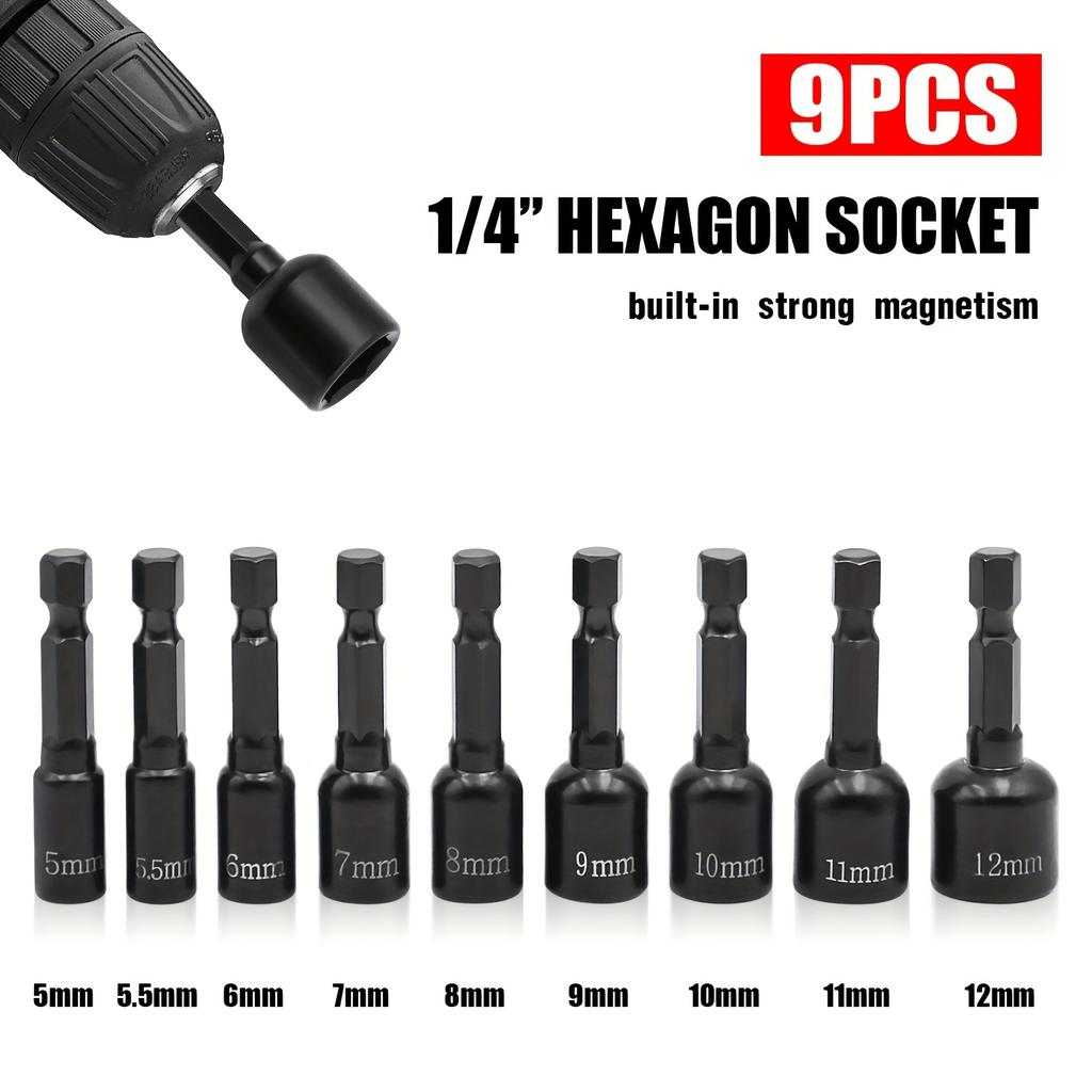 9pcs Power Nut Driver Set Metric Hex Socket Drill Bits Chuck Adapter, Electronic Hex Key Socket Set with 1/4 Inch Hex Shank