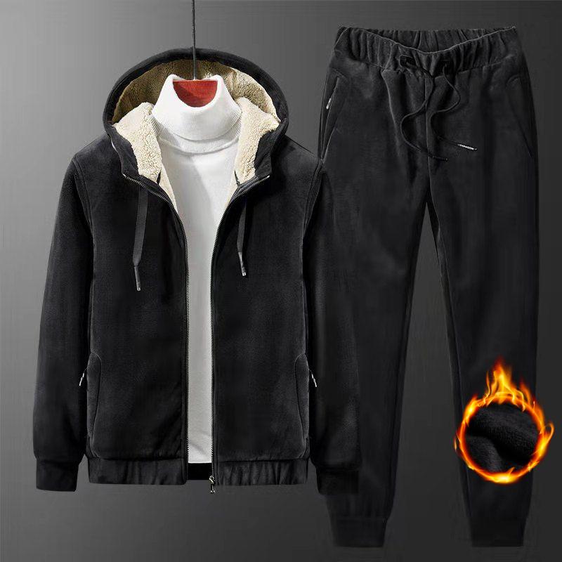 Gold Velvet Plus Velvet Thick Sweater Suit Men's Lamb Fleece Jacket Large Size Men's Two-piece Suit Men