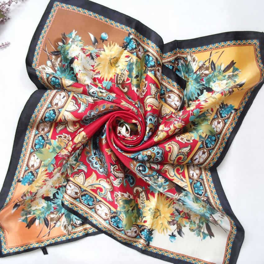 New Style Female Satin Red Big Square Silk Scarf Printed, Women Coffee Silk Scarf Hijab Wraps For Summer,Autumn 90*90cm