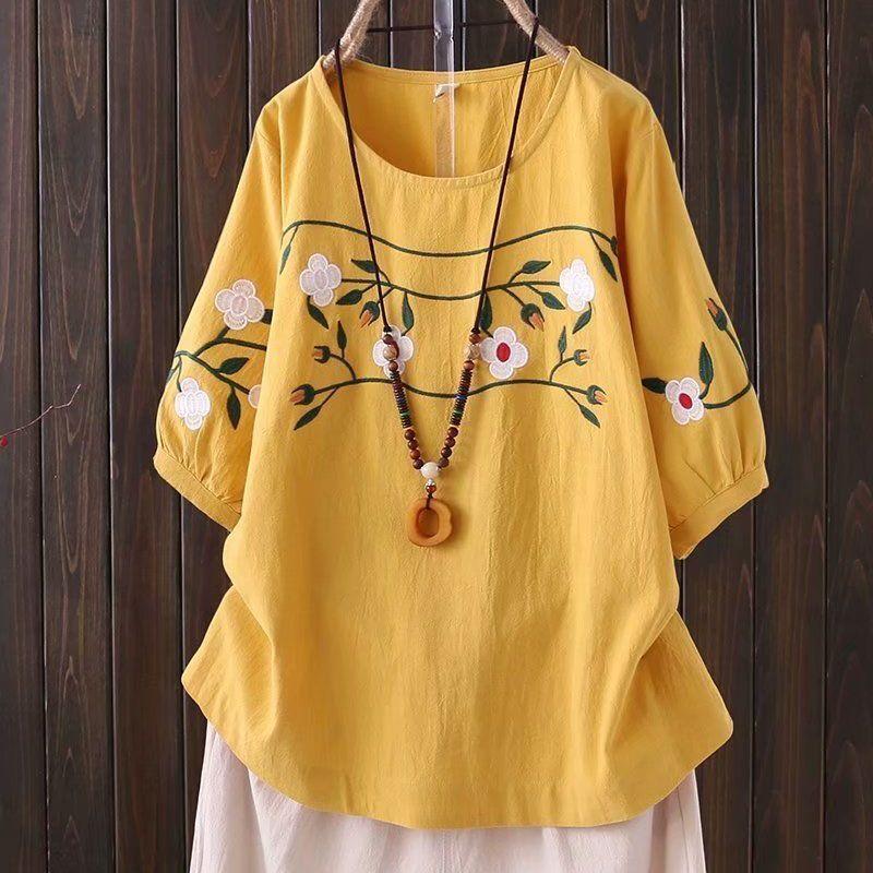 Summer Short-sleeved T-shirt Female Literary Temperament Loose Middle-aged Embroidery