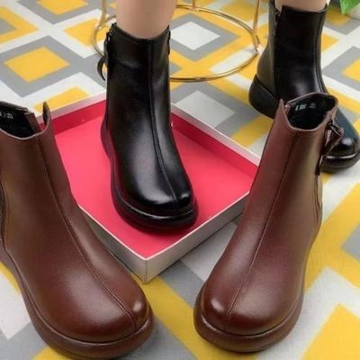 Soft Leather Ankle Boots with Fleece Shoes, Muffin Thick-soled Boots with Thick Cotton Boots, Women's Boots