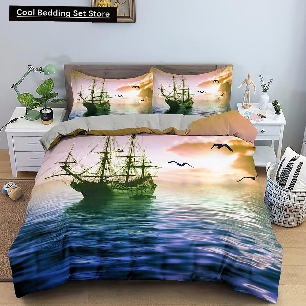 Nautical Sailboat Duvet Cover Queen King Size 3D Oil Painting Boat Style Bedding Set Ocean Soft 2/3pcs Polyester Quilt Cover