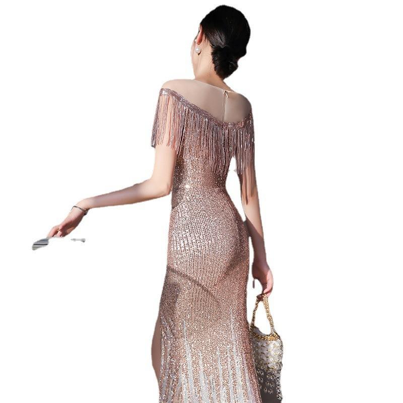 Fishtail Banquet Dress Women's 1011 Autumn and Summer New Tassel Sequins Heavy Industry Host Aura Annual Meeting Evening Dress