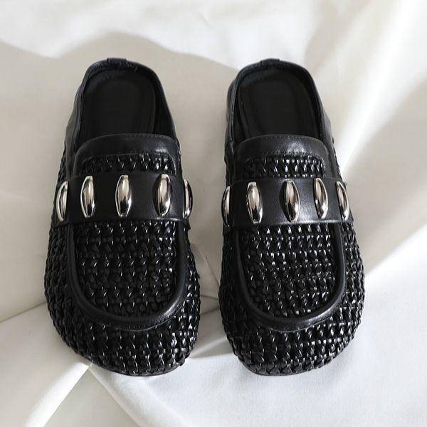 2025 summer new fashionable retro half drag woven metal buckle bag head drag comfortable casual breathable thick heel sandals