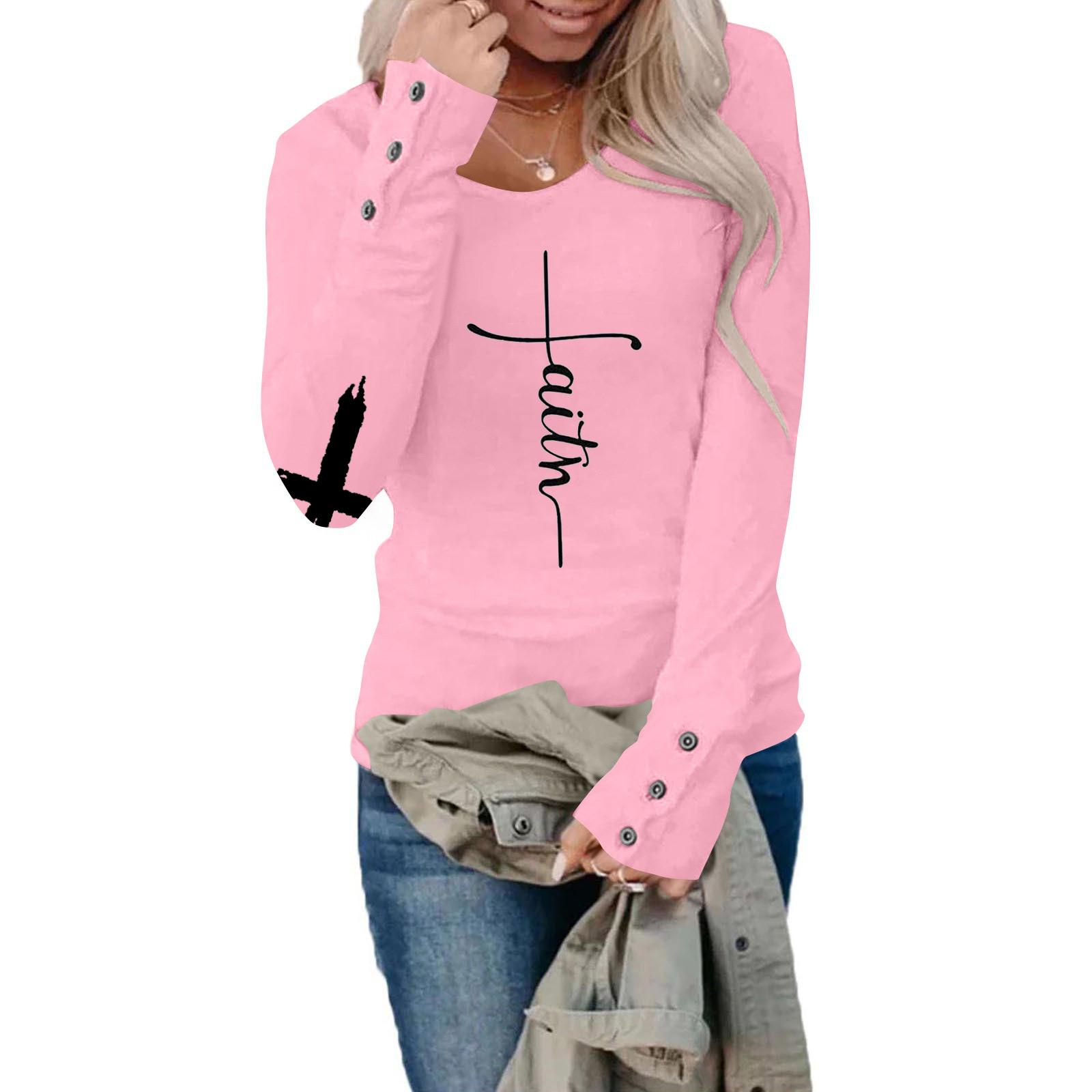 

Женские футболки с длинным рукавом, с круглым рукавом, повседневная графическая футболка с вертикальным крестом, M розовый