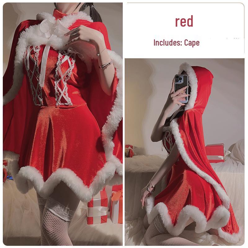 

Великолепный бархатный рождественский комплект платья в стиле принцессы с открытой спиной, с плюшевой накидкой и деталями на шнуровке. One Size