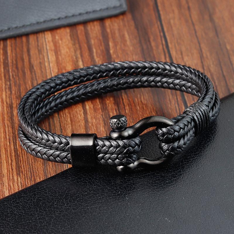 Vintage Double Layer Horseshoe Buckle Leather Rope Bracelet Men Personality Leather Bangle