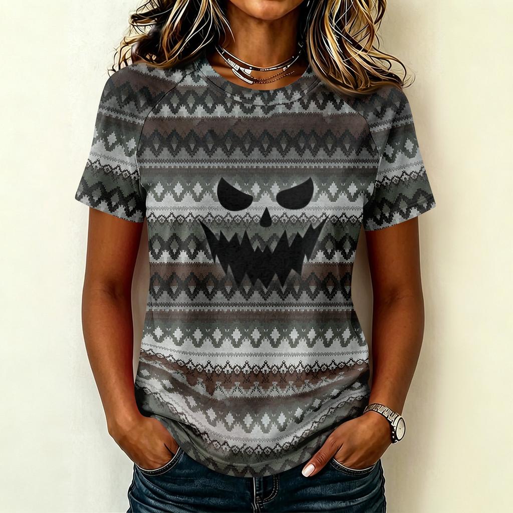 Womens Raglan Sleeve Casual T Shirt Halloween Print Short Sleeve Top Crew Neck Comfortable Fit Lightweight Fabric