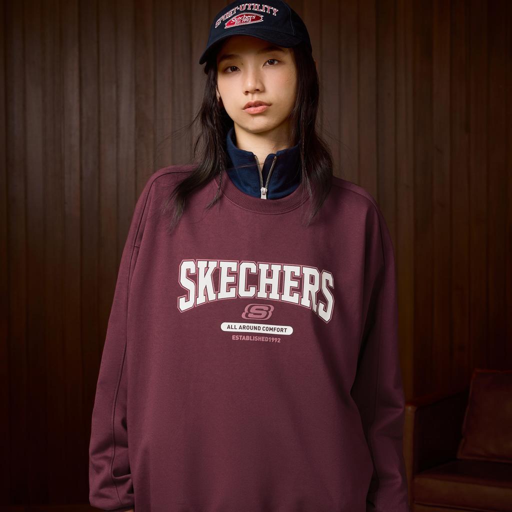 Skechers Sport Lifestyle College Style Letter Vintage American Knit Pullover Round Neck Comfortable Fashion Versatile Sweatshirt L324U100-02C9