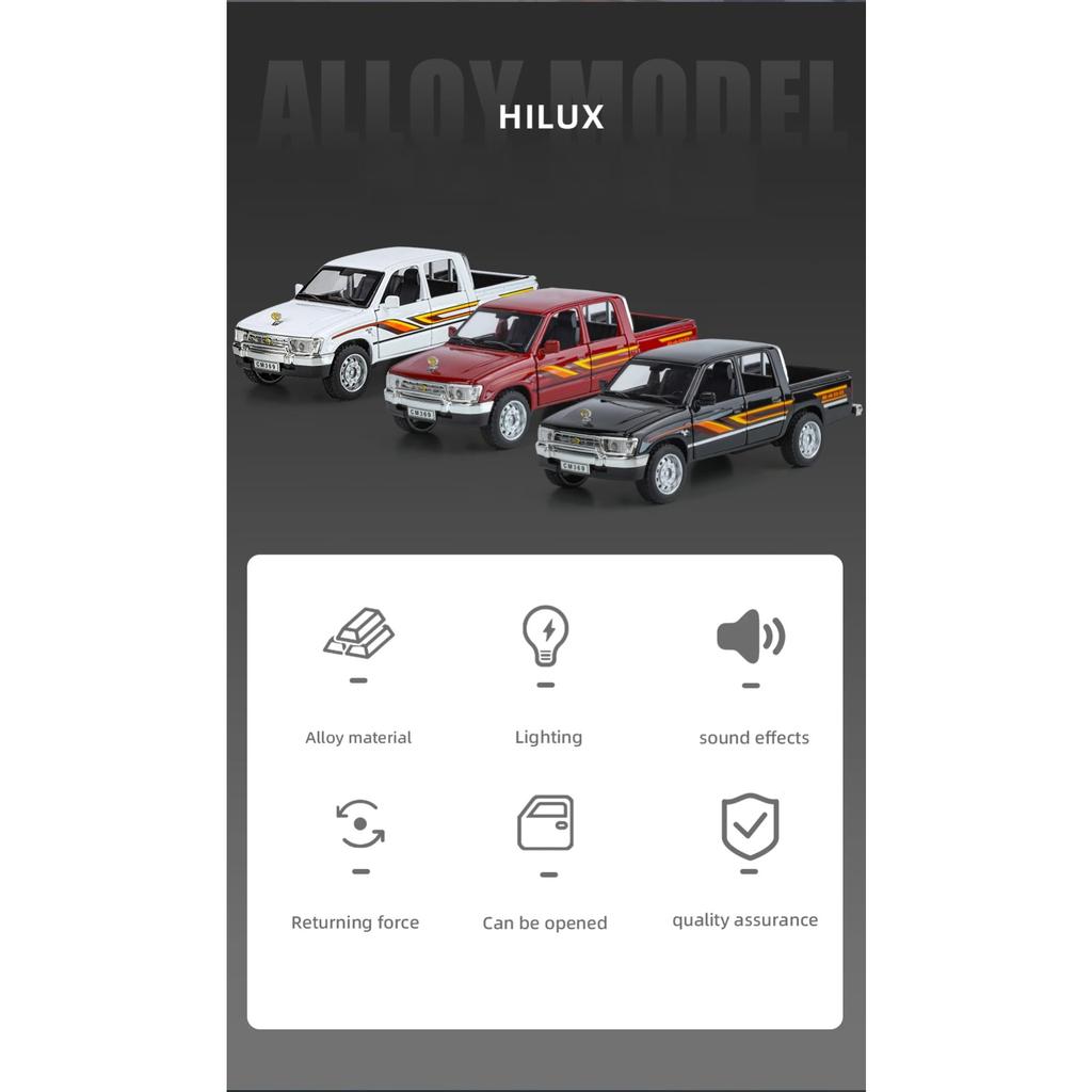 Miniatures 1/32 Toyota Hilux Off Road Pickup Truck Alloy Diecast Model Sound & Light Pull Back Toy Birthday Present for Children